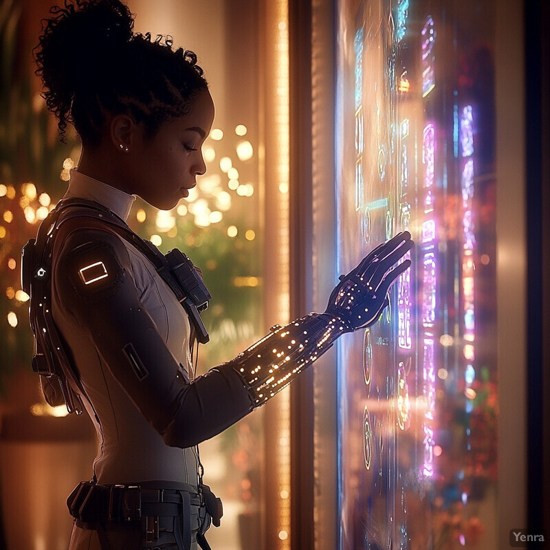 A woman in a futuristic outfit stands in front of a large screen displaying various symbols and patterns.