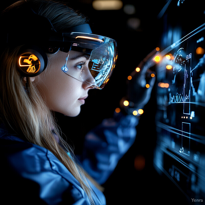 A woman is fully immersed in a virtual reality experience, surrounded by futuristic technology and lights.