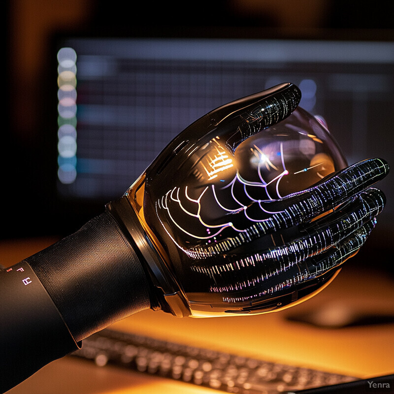 A futuristic device with a robotic hand grasping a transparent sphere in an office environment.