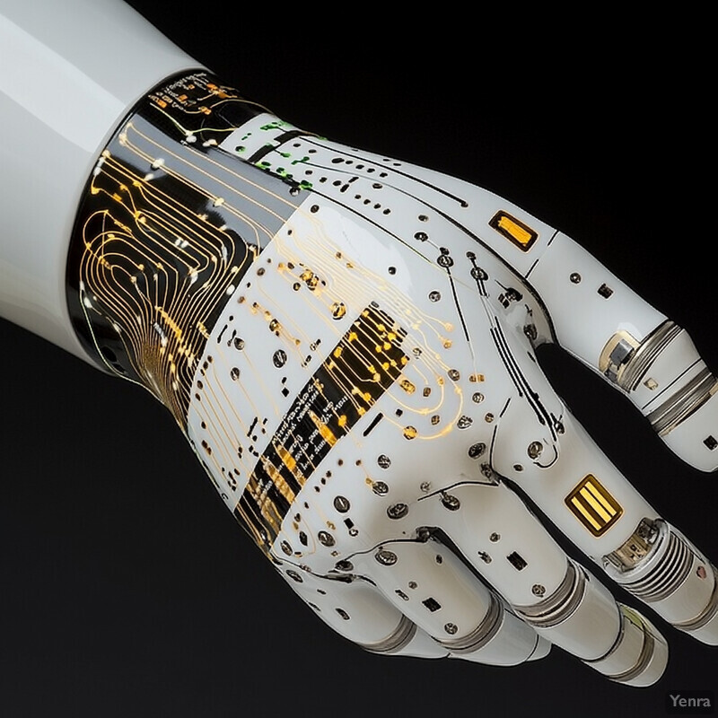 A robotic hand with a white and black mechanical design is depicted in a laboratory or workshop setting.