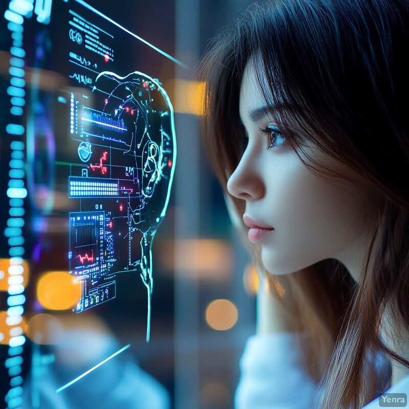 Woman looking at a screen displaying graphs, charts, and diagrams.