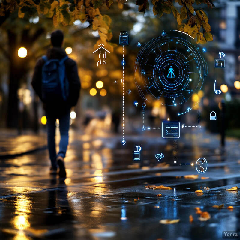 A man walks down a city sidewalk at night with symbols related to technology or security superimposed over the scene.