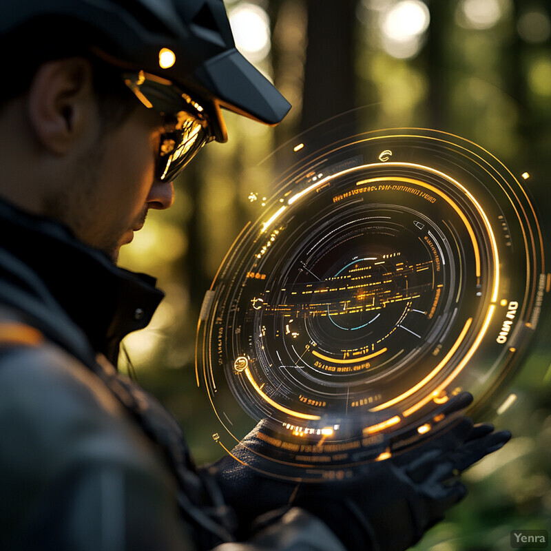 A man in a black helmet with a gold logo on the side is holding a circular device with a black base and a gold rim.