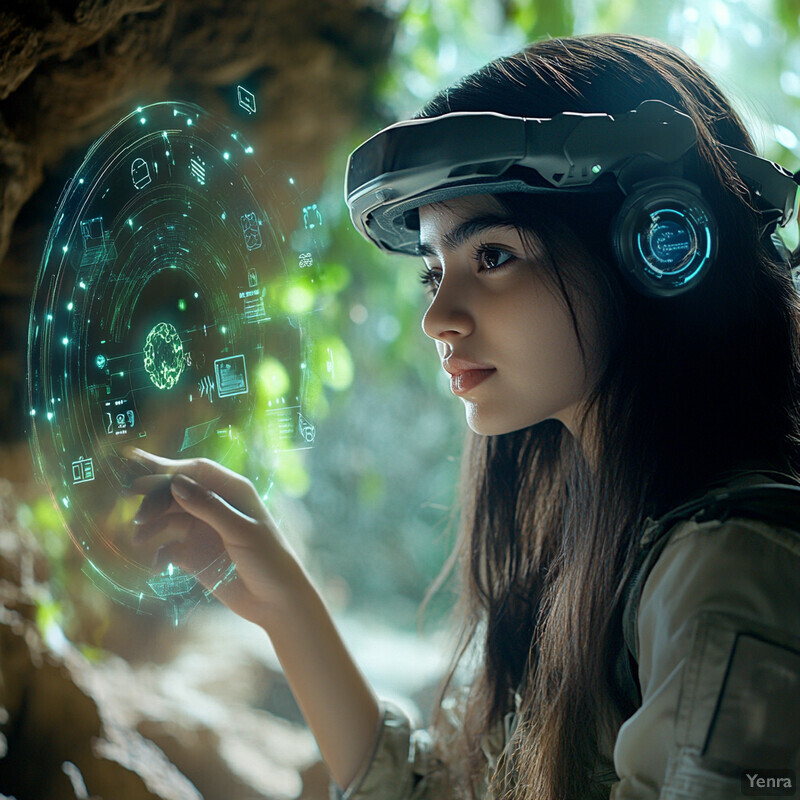 A young woman wearing VR goggles and headphones stands in front of a tree, enjoying an immersive experience.