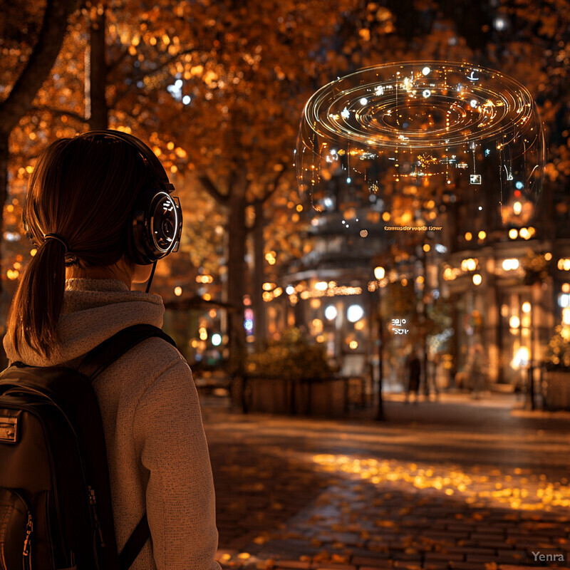 A woman stands on a brick pathway at night, surrounded by trees and buildings, gazing out into the distance with an otherworldly orb in front of her face.