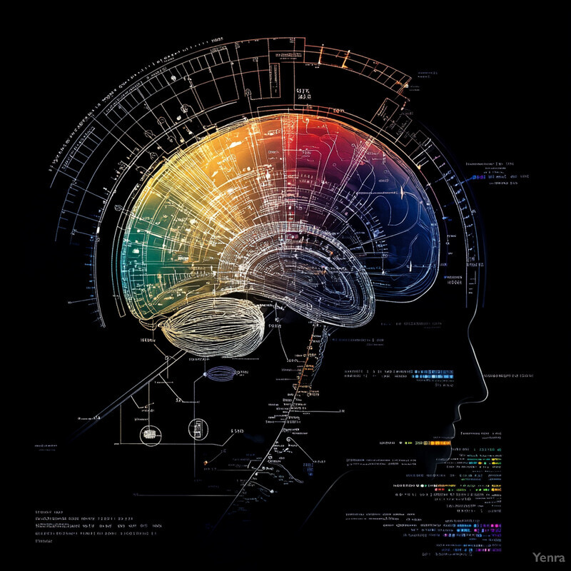 Futuristic representation of a human brain with technical symbols and lines