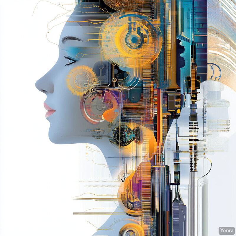 A woman's face is overlaid with abstract shapes and lines to create a futuristic and technological feel.