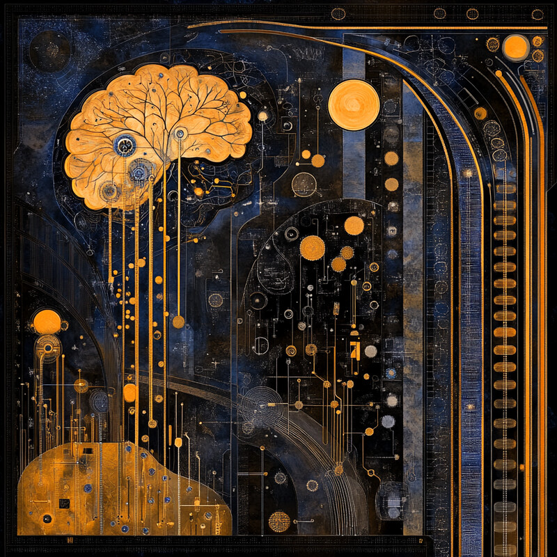 An abstract composition featuring a brain-like structure, circuitry/DNA strands, and circles that could represent neurons/cellular structures against a blue background with orange accents.