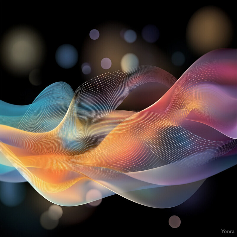 An abstract, swirling pattern of lines and shapes in various colors on a black background.