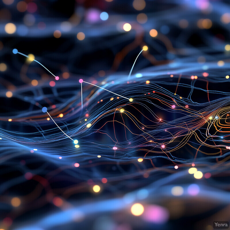 A complex visual representation of data featuring interconnected lines and dots in various colors against a black background.