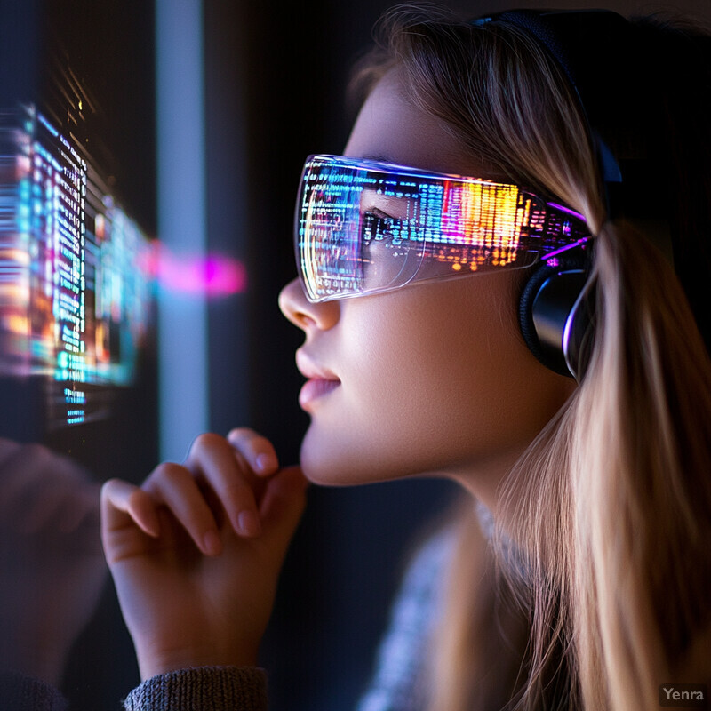 A woman is intently watching a screen with futuristic glasses on.