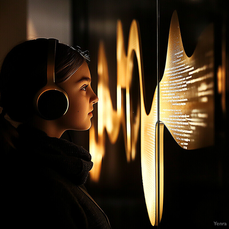 A woman wearing large headphones gazes at an abstract art piece in a dimly lit room.