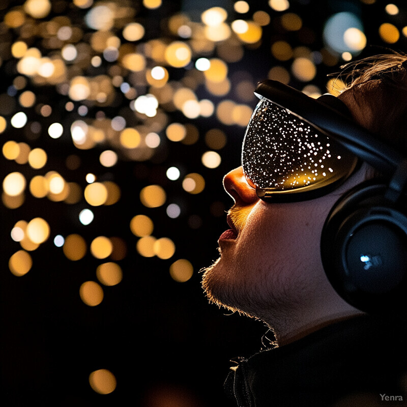 A man wearing ski goggles and headphones looks up at an unseen location.