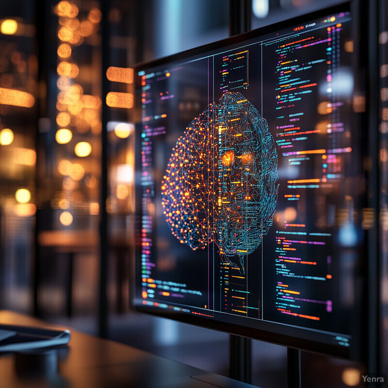 An artistic representation of Model Explainability and Interpretability, showcasing a computer monitor displaying a brain-like structure composed of interconnected nodes in various colors.