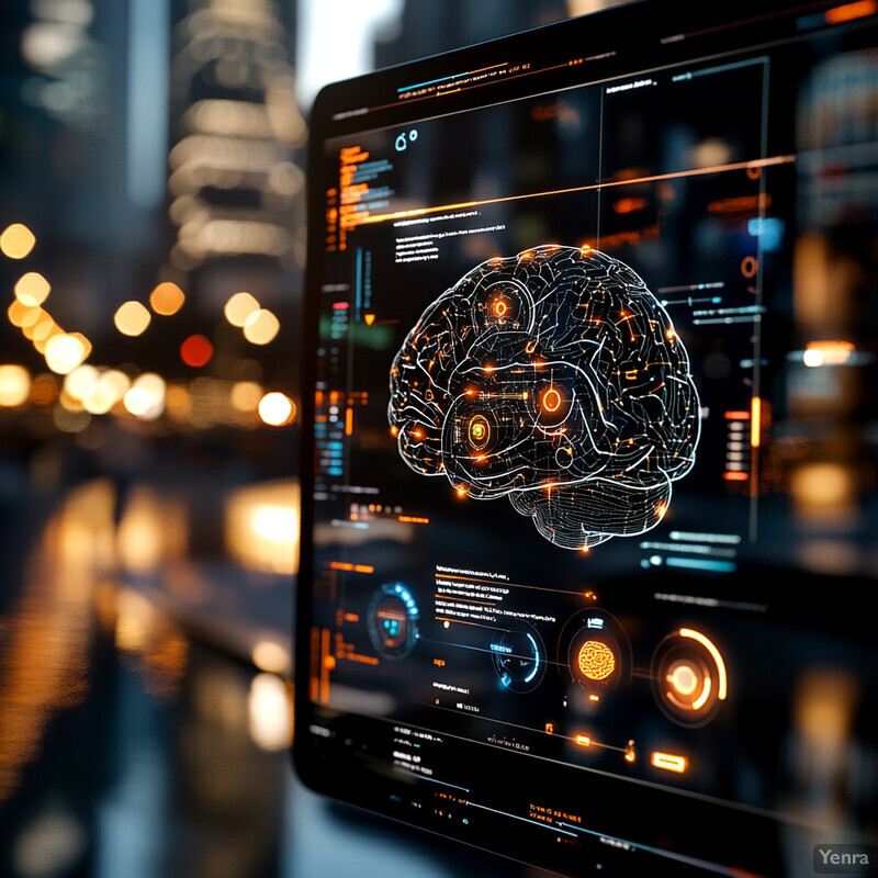 A futuristic computer monitor displays a brain diagram surrounded by code and data points, set against a blurred cityscape background.