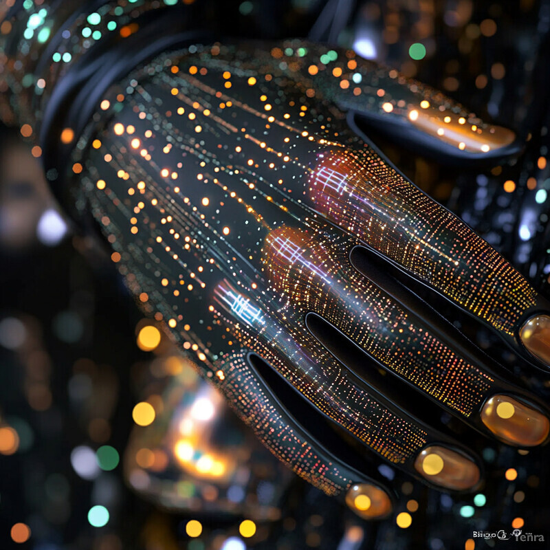 A pair of hands adorned with gold jewelry in front of a cityscape at night.