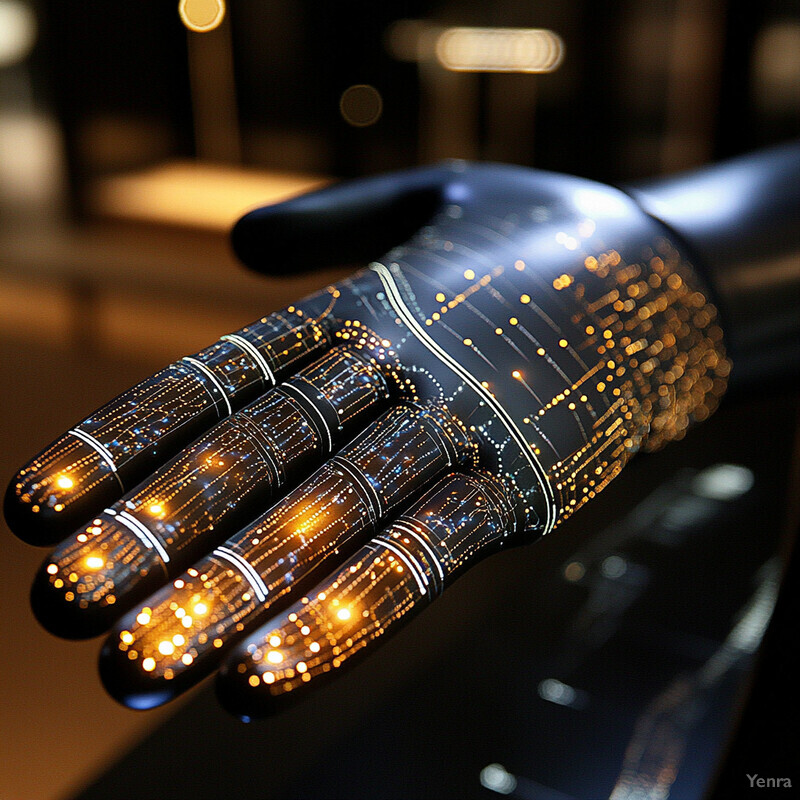 A futuristic hand with glowing circuitry patterns is shown in a laboratory or office setting, possibly as part of a neural prosthetic device project.