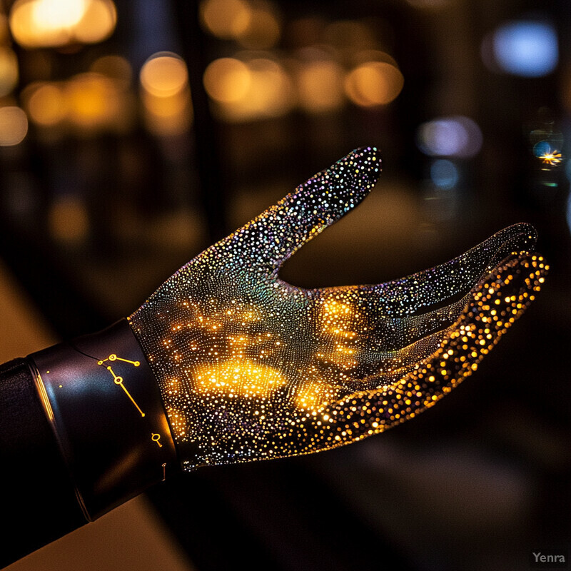 A hand wearing a glowing glove is set against a blurred background.