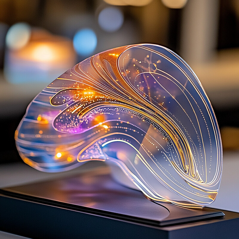 A beautiful glass sculpture resembling a brain, mounted on a black base, in an art studio or room setting.