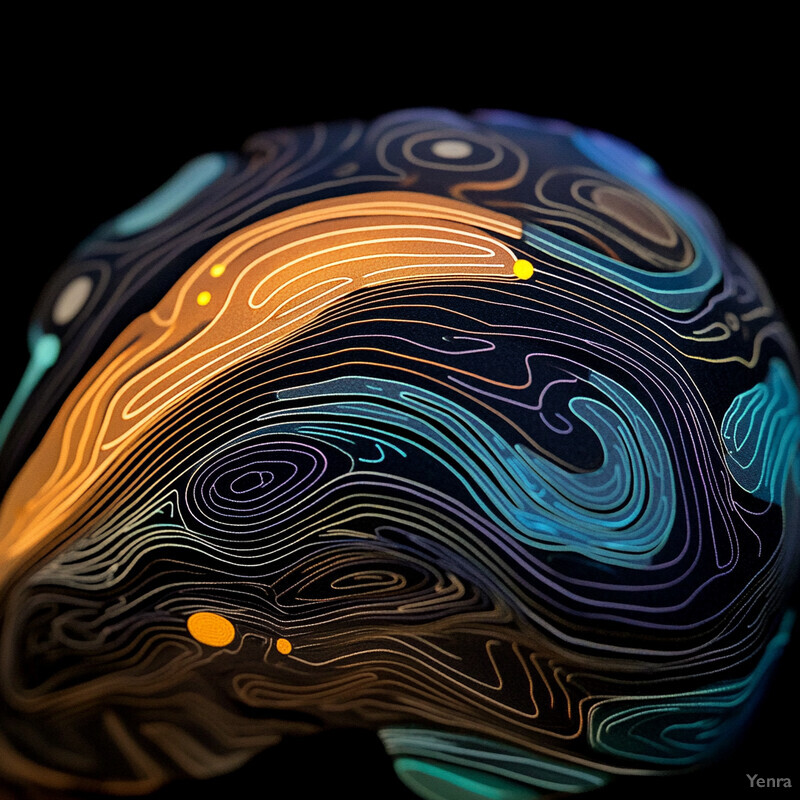 A 3D rendering of a brain with intricate lines and colors, showcasing various regions and their corresponding functions.