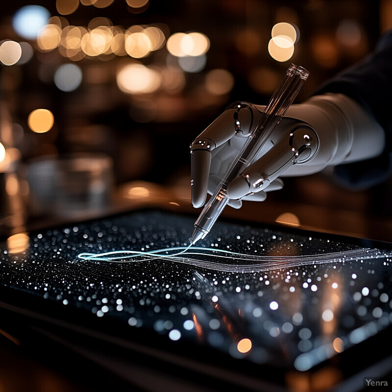 A robotic hand holding a fountain pen over a tablet with glowing white lines.