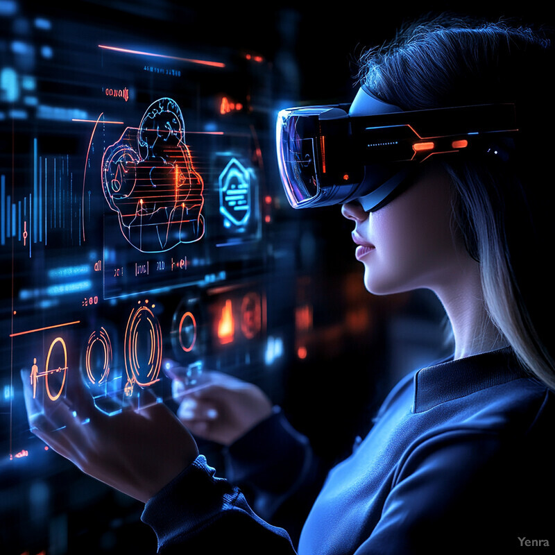 A woman wearing virtual reality goggles interacts with a holographic display projected in front of her.