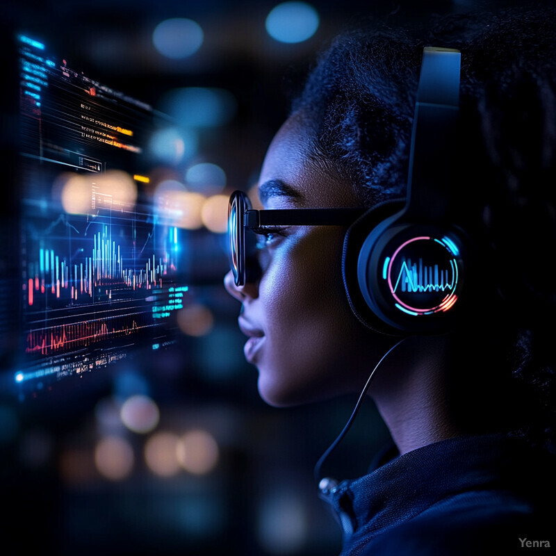 A young girl with curly hair and glasses is intently focused on a large screen displaying various graphs and charts.