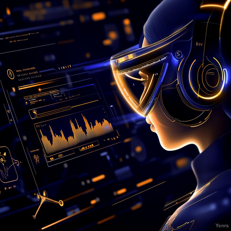 A person wearing futuristic goggles and headphones is surrounded by multiple screens displaying various types of data.