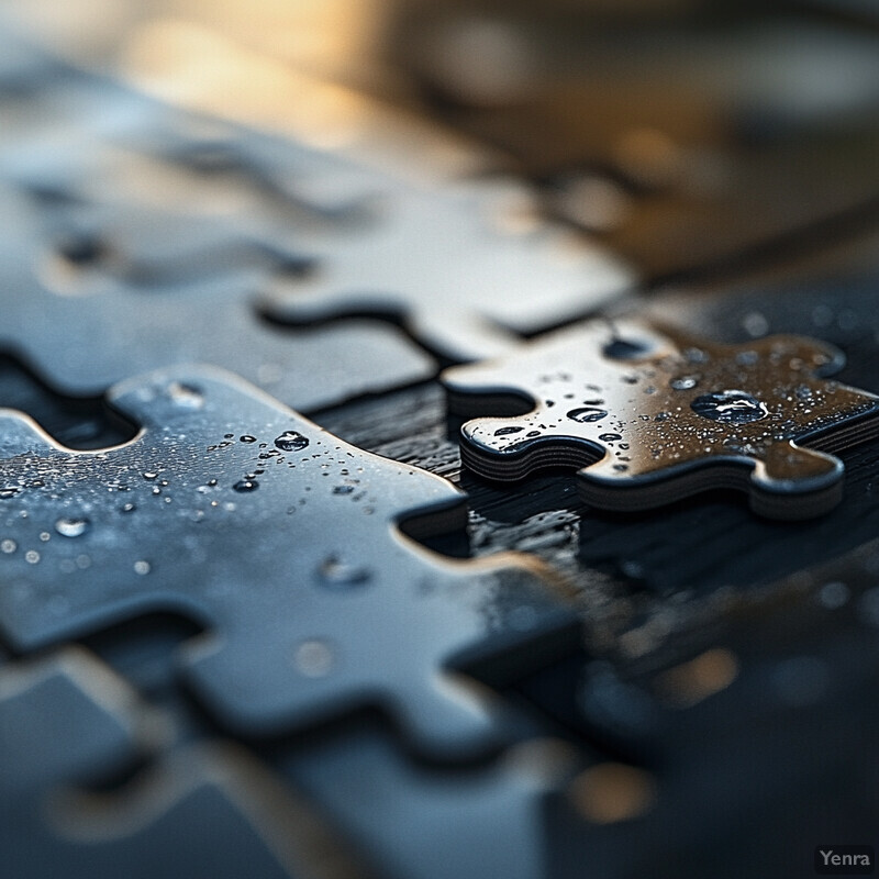 A close-up view of interlocking puzzle pieces with some already connected and others nearby, featuring a dark brown piece with water droplets and a black piece with small holes.