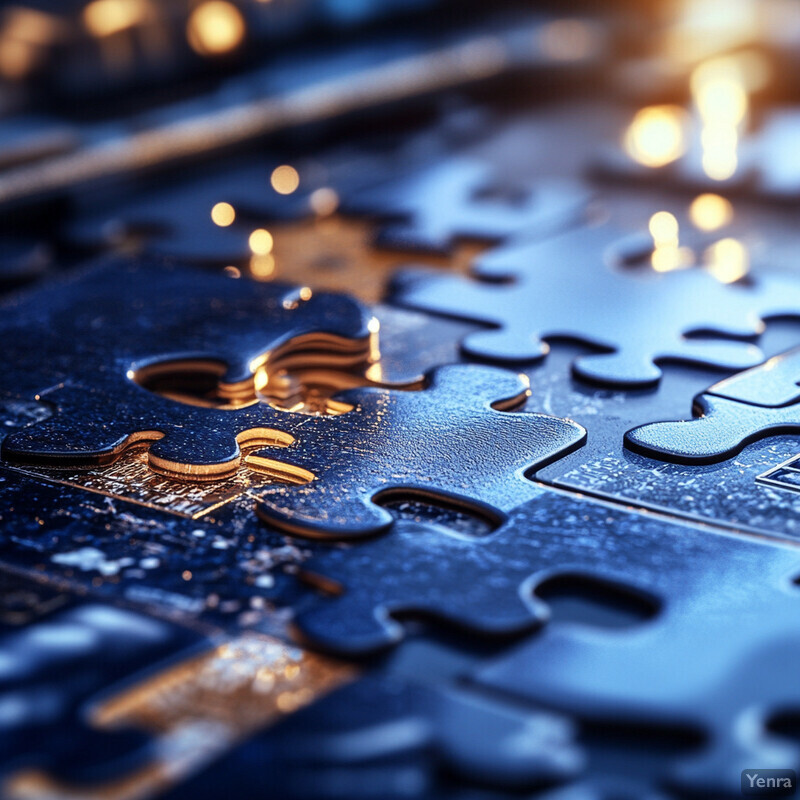 A collection of puzzle pieces on a flat surface.