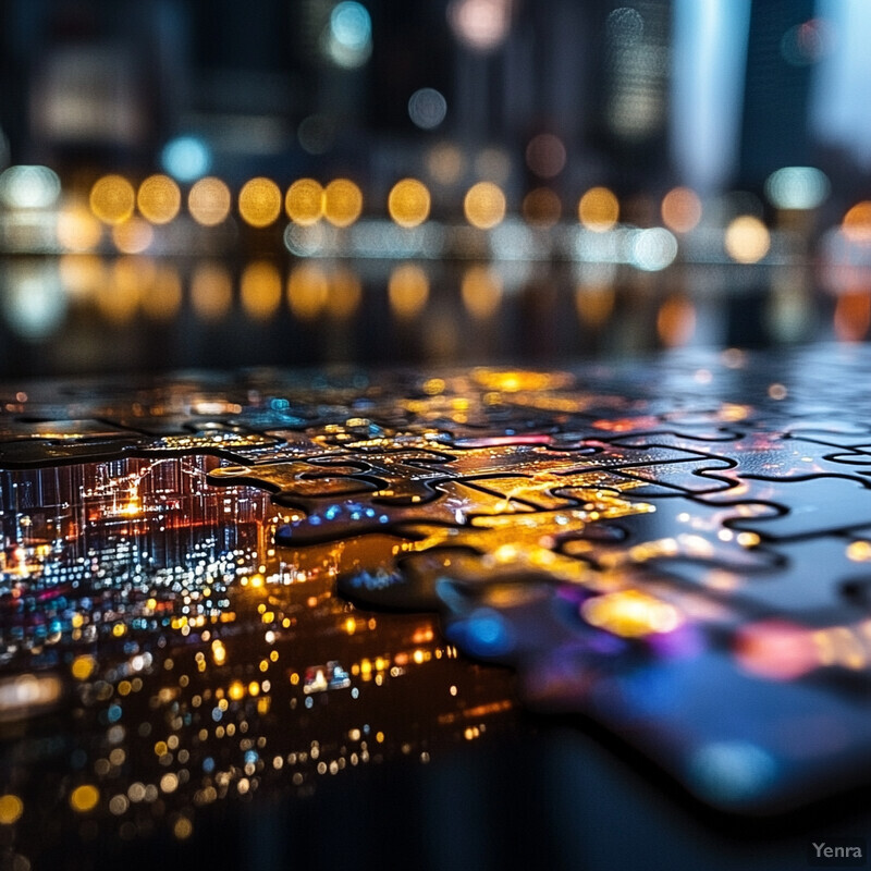 A jigsaw puzzle lies on the ground in front of a blurred cityscape, with streetlights and buildings reflected in calm water.