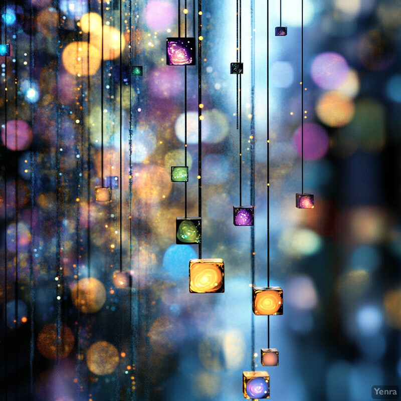 An abstract composition featuring suspended light fixtures or decorative elements against a blurred background.