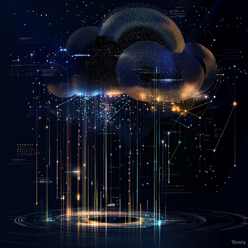 A futuristic representation of cloud integration and scalability, featuring a large dark blue cloud-like structure and glowing orbs.