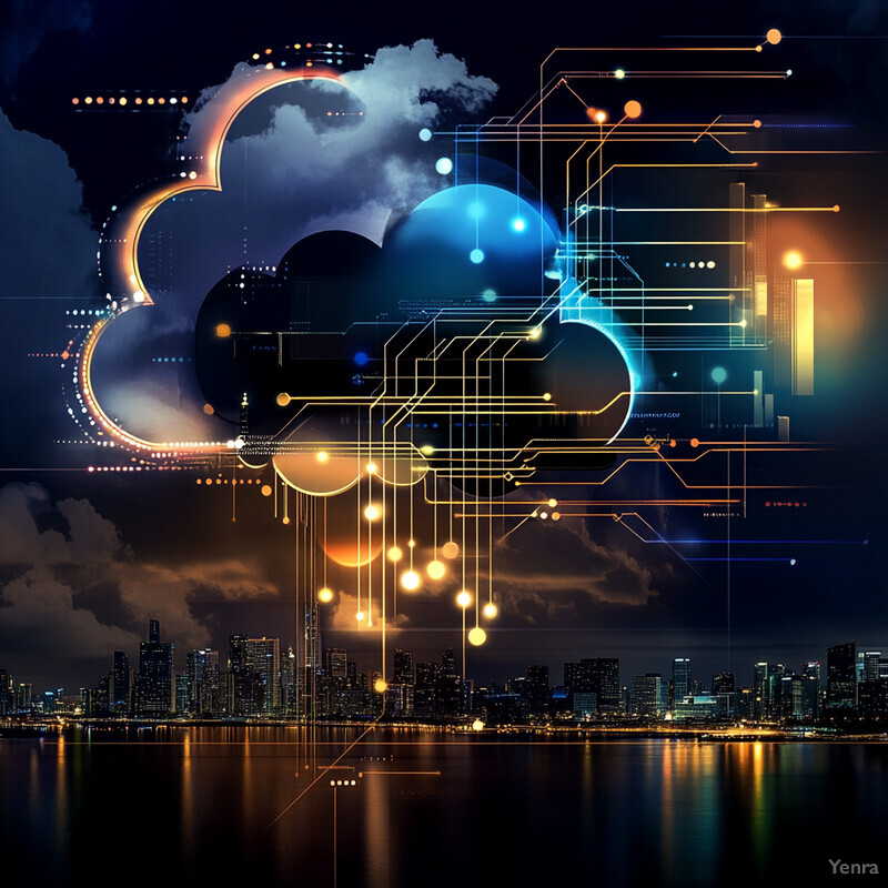 A city skyline at night with a large cloud in the sky and various lines and dots surrounding it.