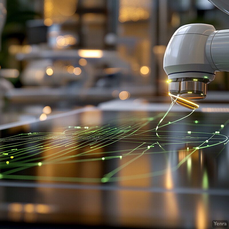 A robotic arm is shown interacting with a green graph displayed on a table in an office setting.