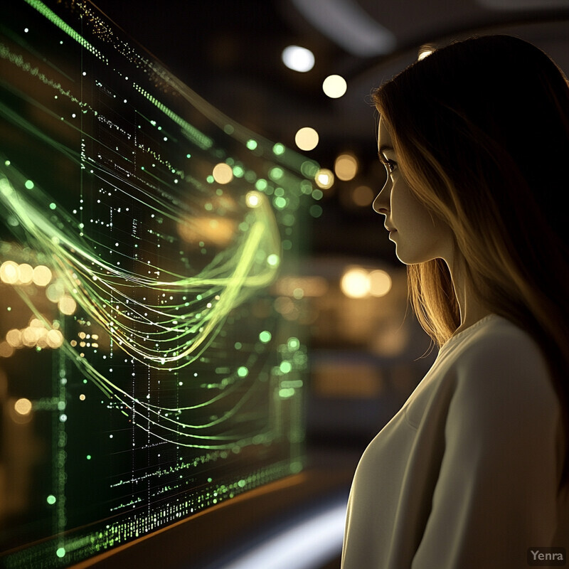 A woman stands in front of a large screen analyzing data on a graph.