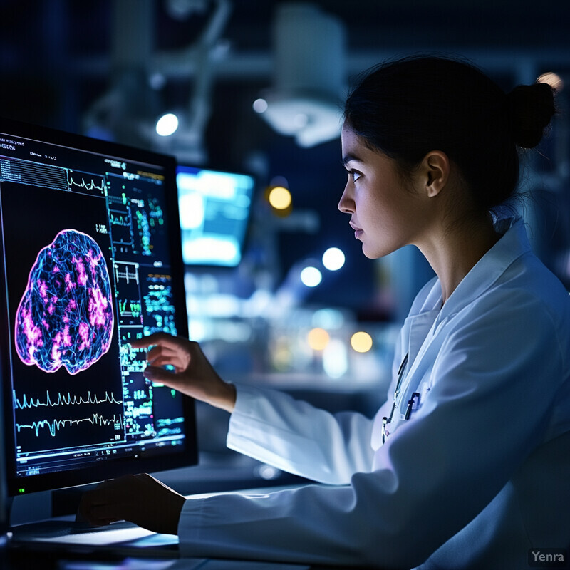 A woman in a white lab coat examines an Automated Tumor Segmentation scan of a brain tumor on her computer screen.