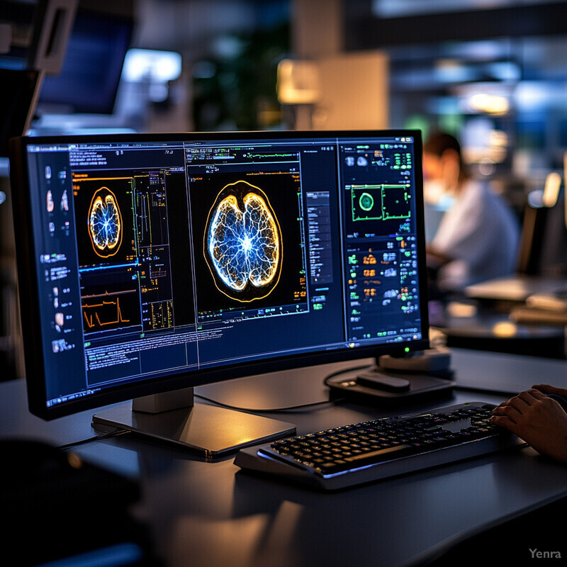 A computer monitor displays an Automated Tumor Segmentation in Imaging software in a busy work environment.