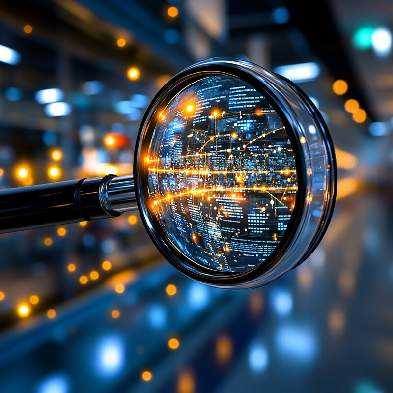 A magnifying glass with a cityscape reflected in its lens, set against a blurred background of an urban setting.