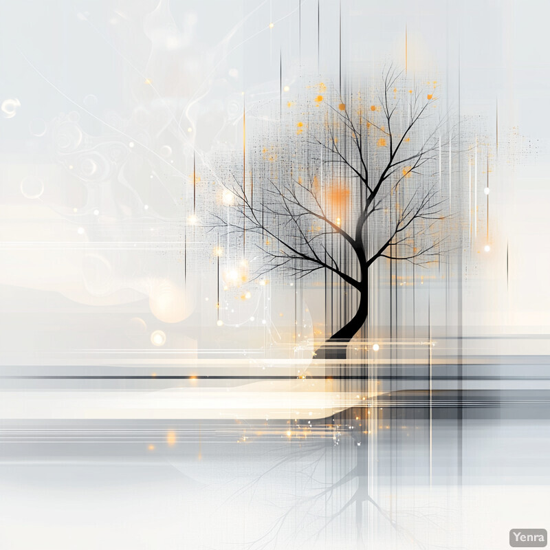 An abstract representation of a tree with bare branches and trunk against a gray background.