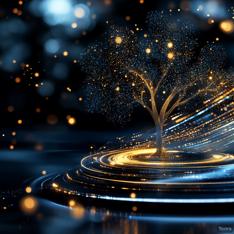 A stylized digital artwork featuring a tree with gold dots on its trunk, branches, and leaves, set against a swirling blue background.