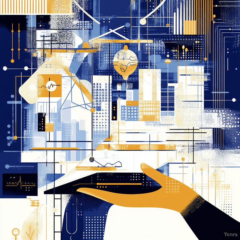 An abstract image featuring a hand holding an object, surrounded by geometric shapes and lines in blue, white, and orange.