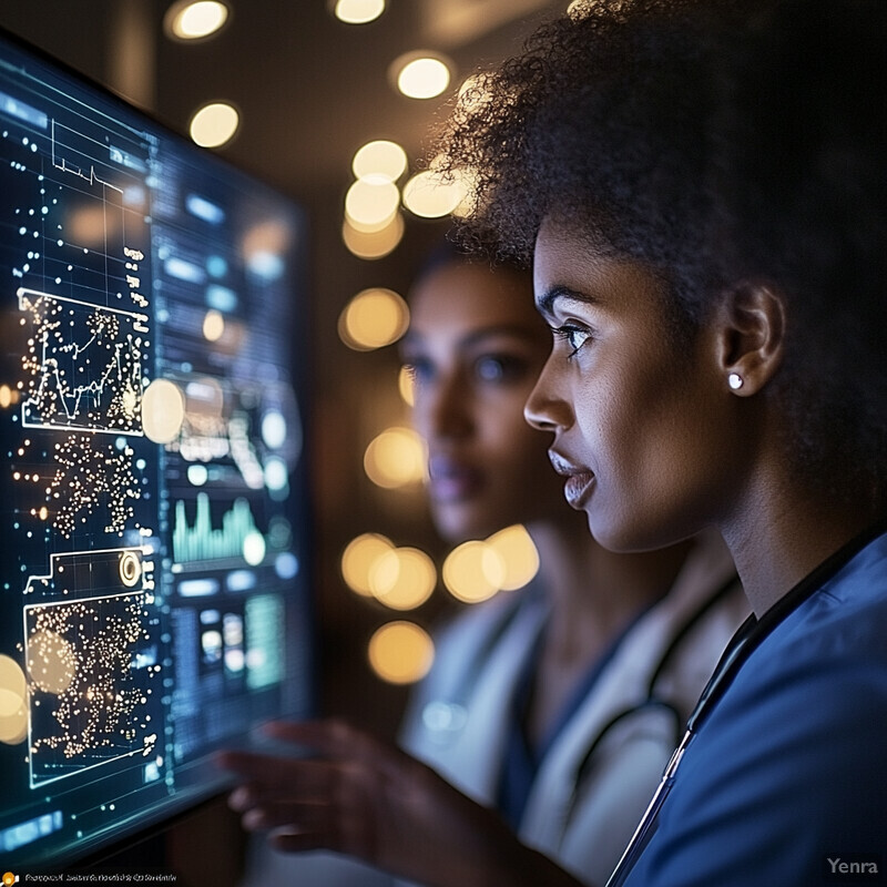 Two individuals in an office setting are analyzing healthcare data on a large screen, with graphs and charts displayed.