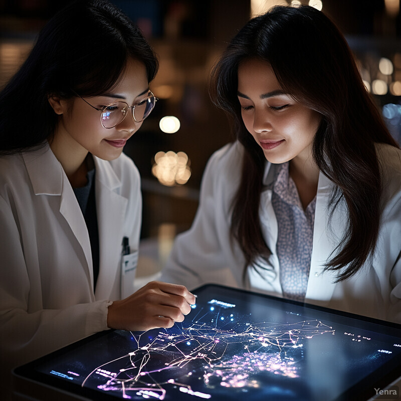 Two women in lab coats examine a large screen displaying a network diagram.