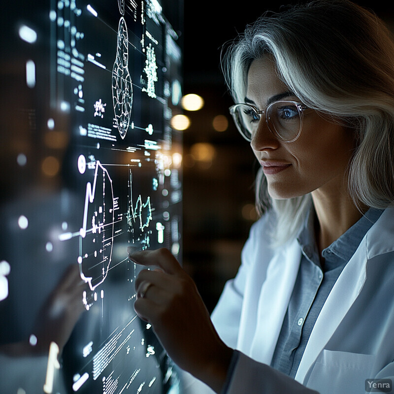 A woman in a lab coat is pointing at a large screen displaying data.