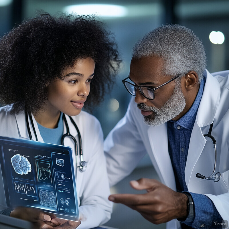 Two doctors in white lab coats discussing a patient's medical information or treatment plan.