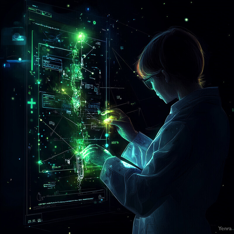 A person in a lab coat stands in front of a large screen displaying genetic data and holds a small device with glowing green lights.