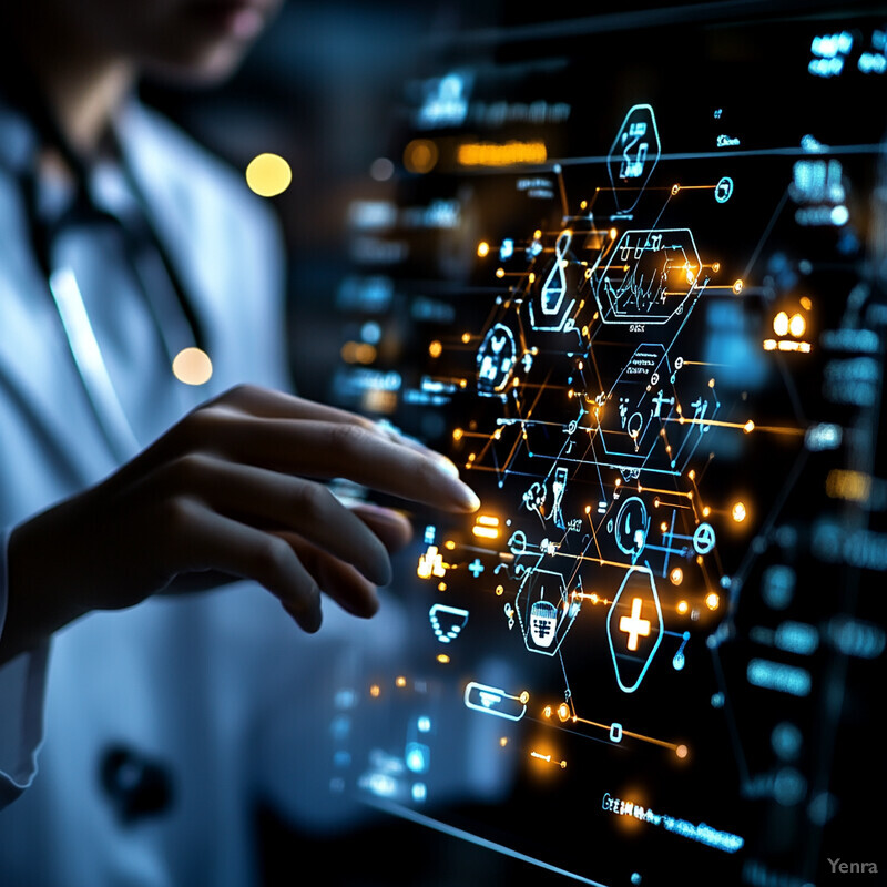 A doctor or medical professional examines patient data on a computer screen in an office setting.