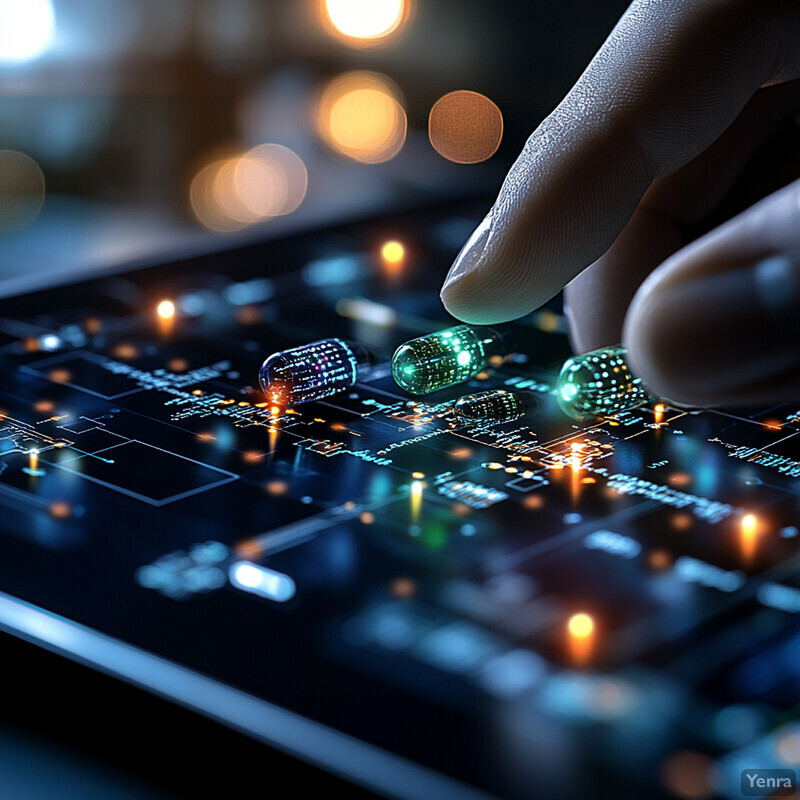 A person's finger hovers over a computer screen displaying four green pills.