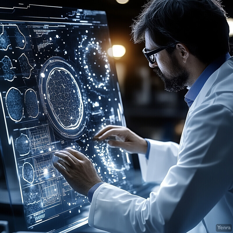 A man in a lab coat examines an X-ray on a computer screen.